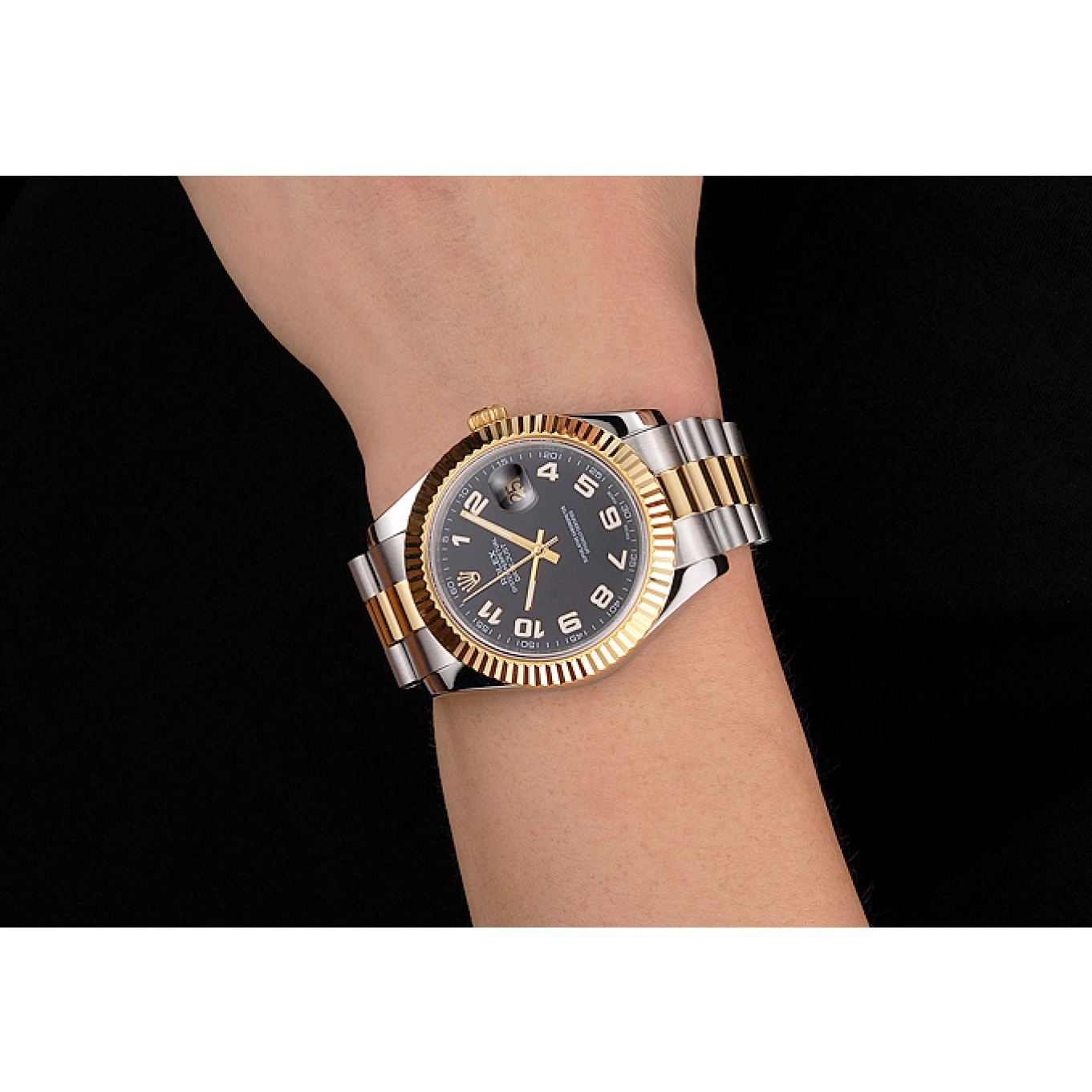Aaa replica watch Swiss Two Dial Black Tone Gold Bracelet Steel Stainless Bezel Case Rolex Datejust 0725